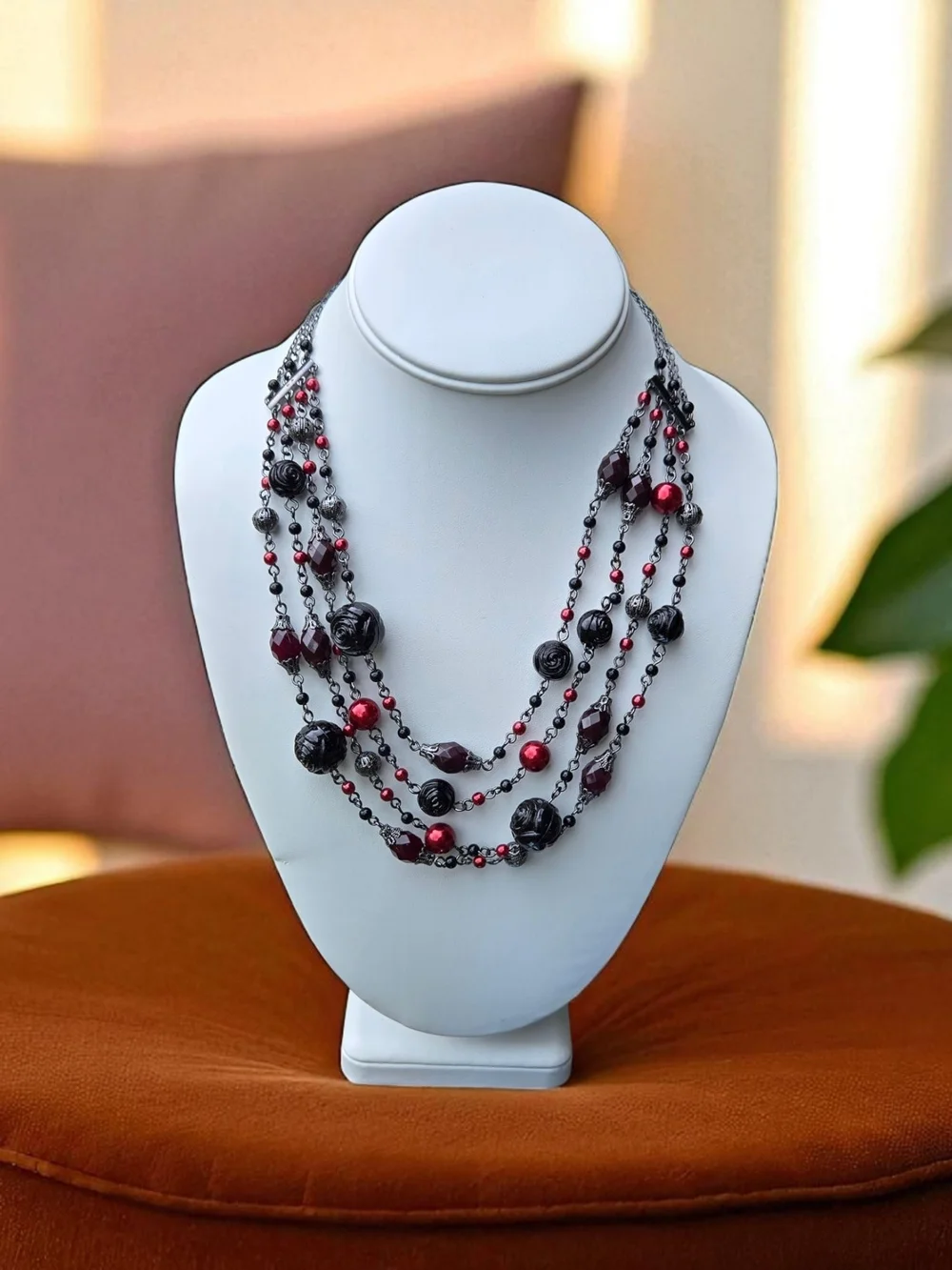 Avon Multi-Strand Black and Red Beaded Necklace